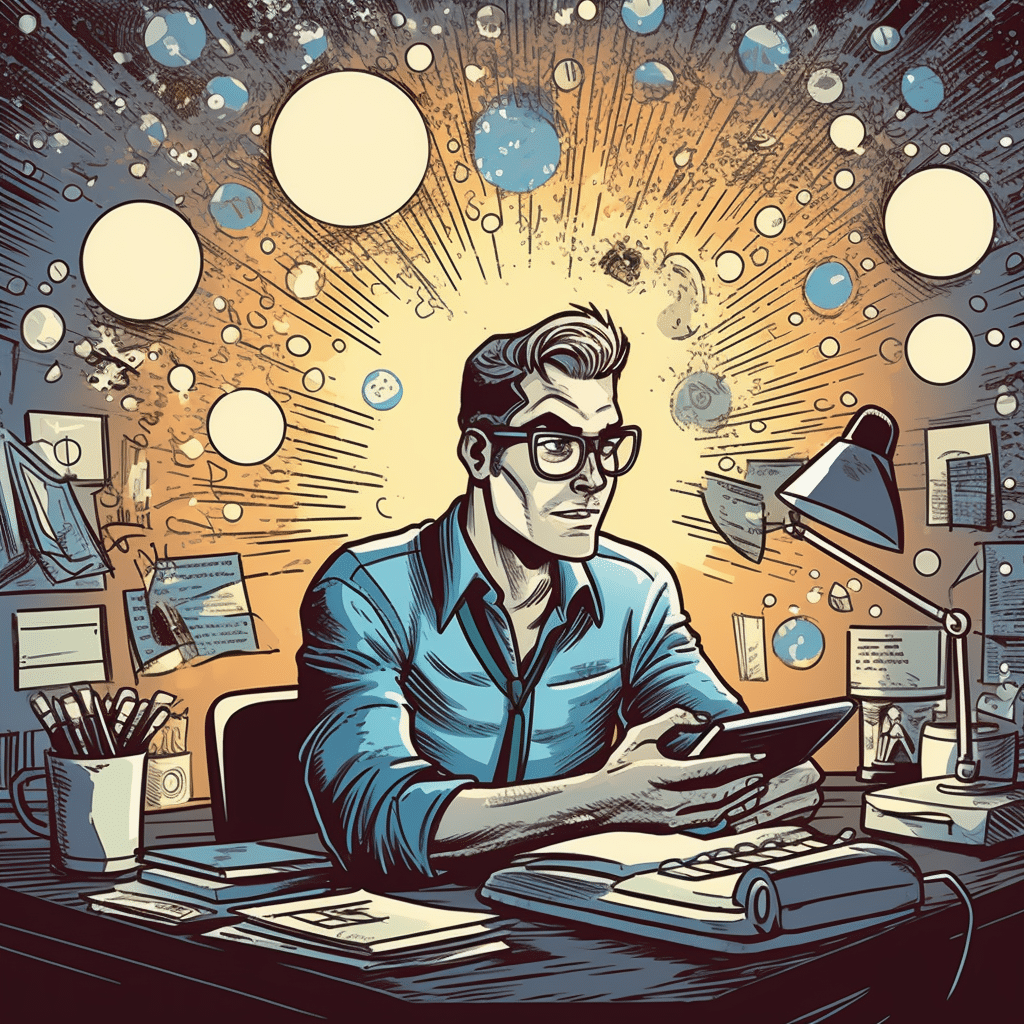 Businessman - a cartoon or illustrated image of this man working at his desk on content and digital strategy.